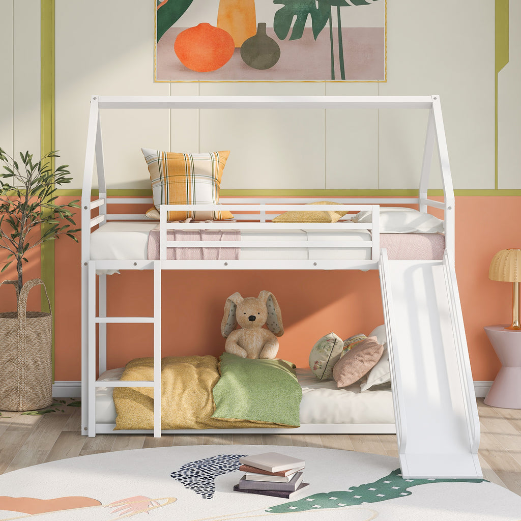 Metal house bunk bed with playhouse roof and slide side profile