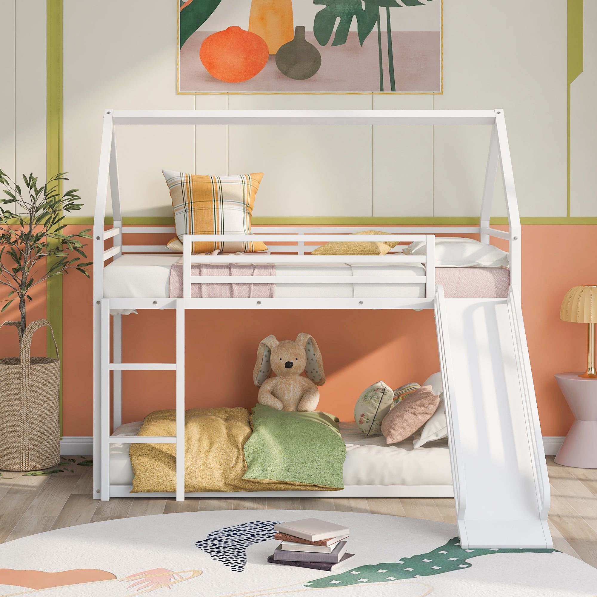 Metal house bunk bed with playhouse roof and slide side profile