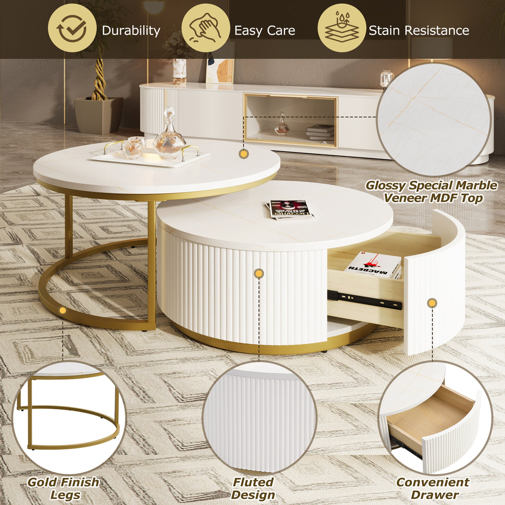 Built-in drawer storage on round coffee table