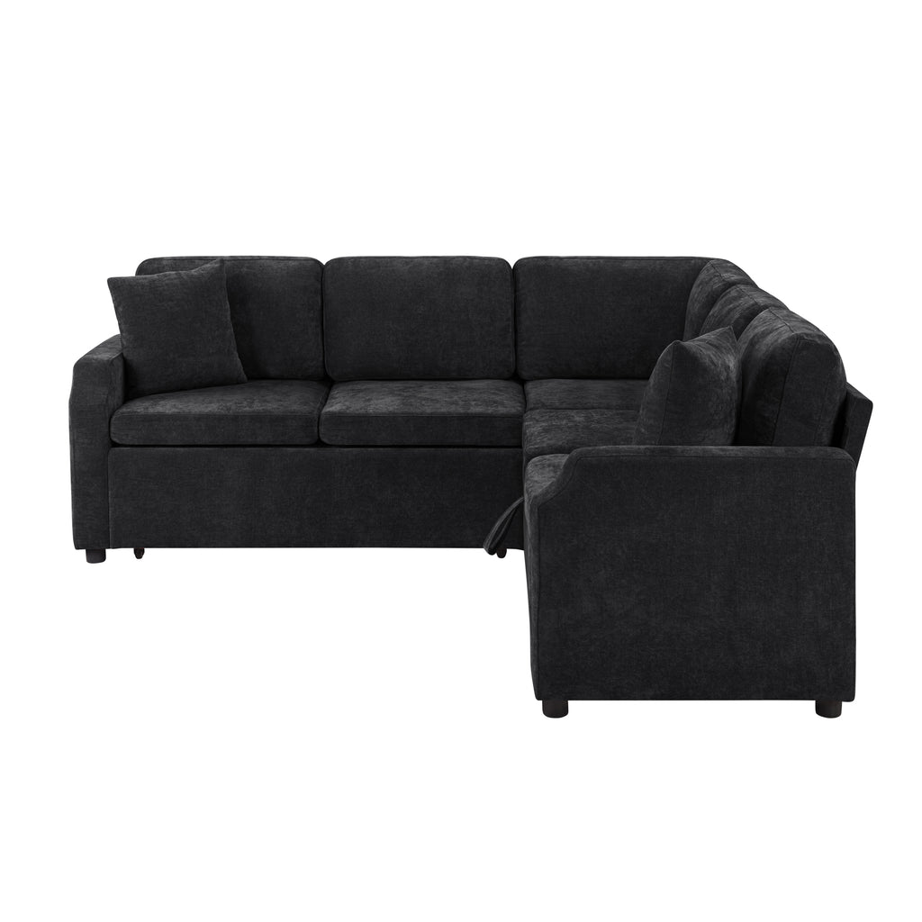 Modern L-Shaped Sectional Sofa Bed with Hidden Storage, Black Chenille Upholstery, 81.9'