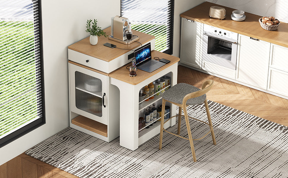 K&K 59.5' Kitchen Island with Extendable Dining Table, Kitchen Storage Table with Double-sided Storage, Kitchen Island with 2 Drawers, Power Outlet, Side Open Shelves, for Kitchen, Dining Room, Black