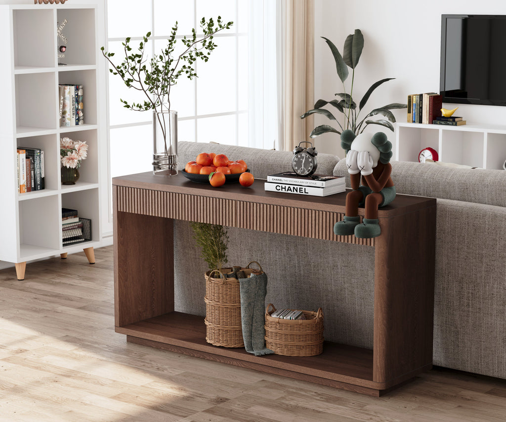 60' Modern 2-Drawer Fluted Console Table Natural Wood Veneer Sofa Table Behind Couch Table for Living Room, Hallway, Entryway, Home Office, Natural Wood