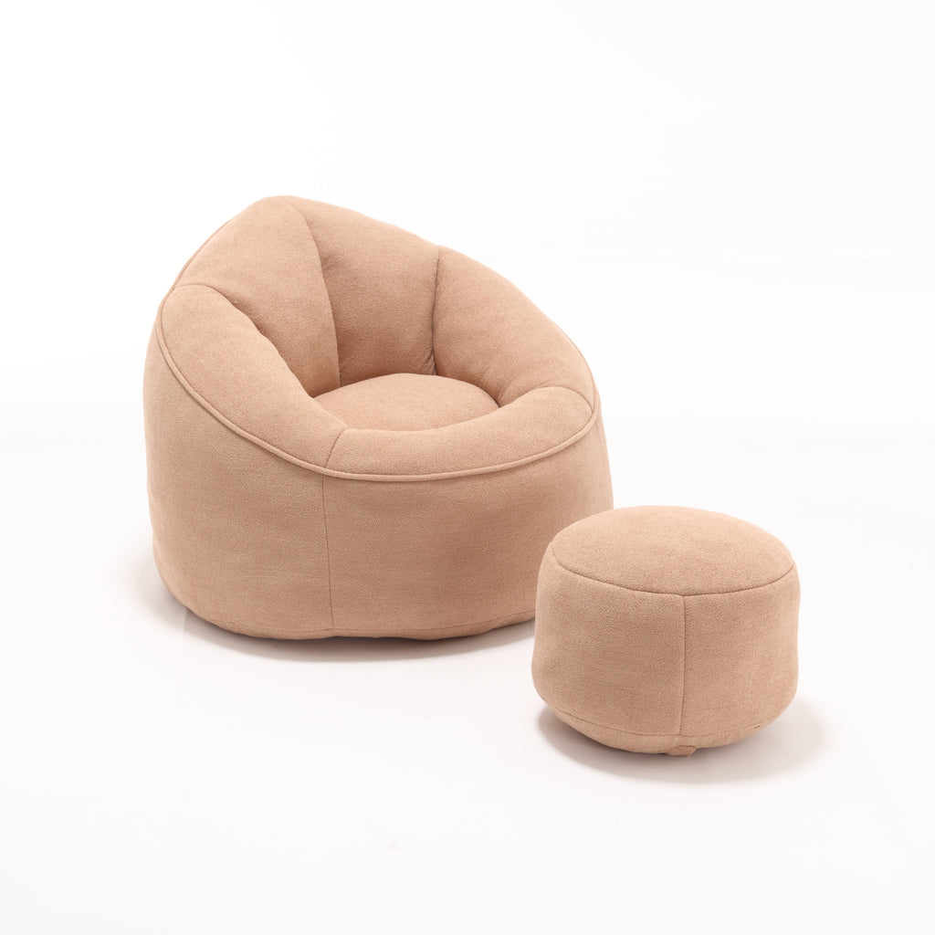 Tan microfiber bean bag chair with footrest — front view
