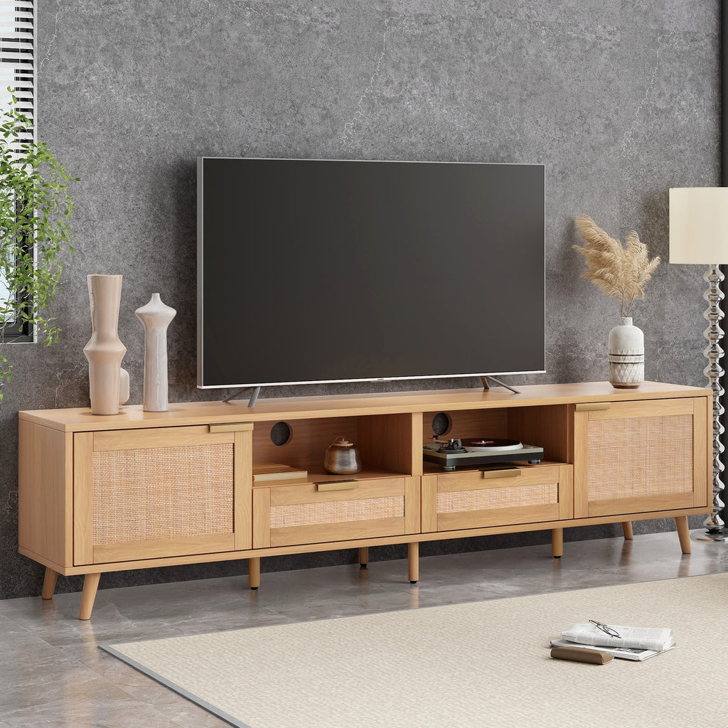 Modern rattan TV cabinet interior storage