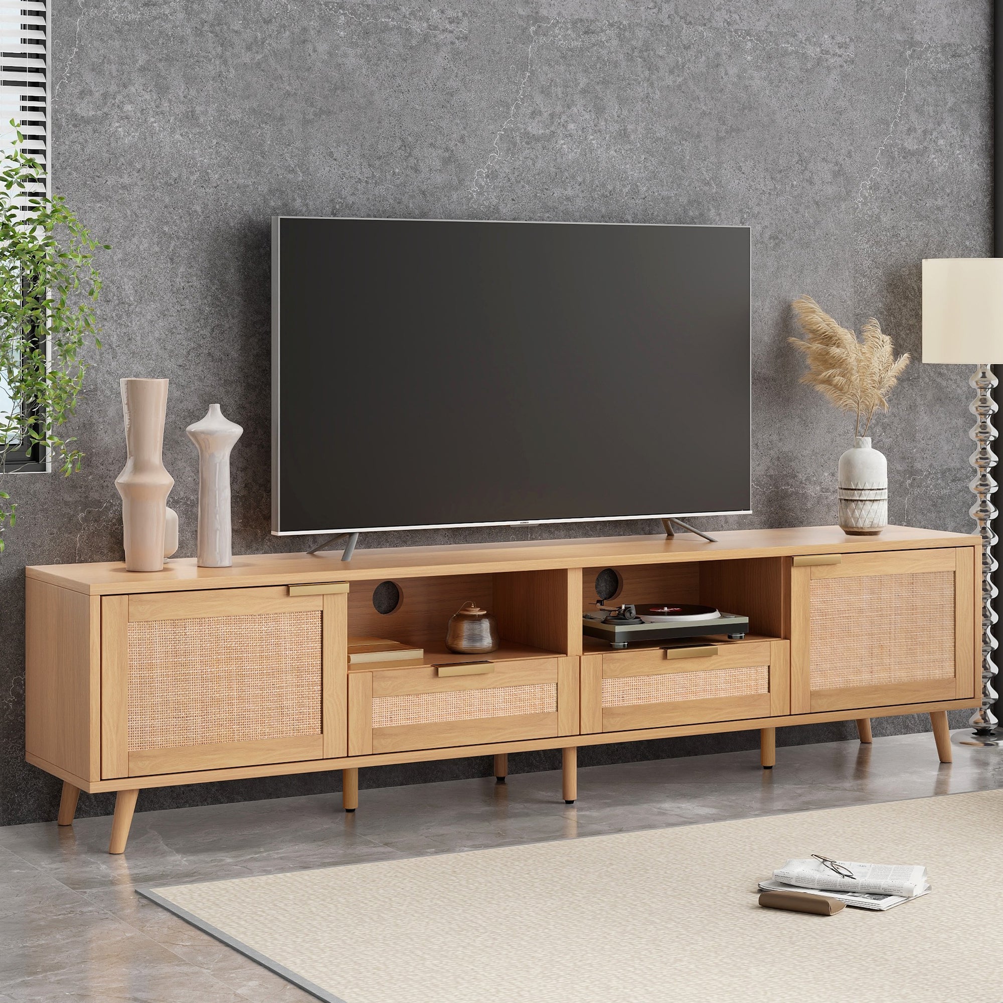 Modern rattan TV cabinet interior storage