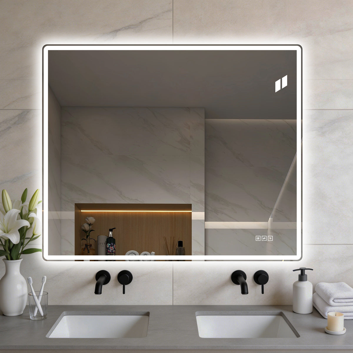 30' x 36' Frameless Front-Lit LED Bathroom Mirror with Anti-Fog, 3 Color Temperatures, Stepless Dimming, Smart Memory Function, Shatter-Resistant Backing, UL Certified, IP44 Waterproof