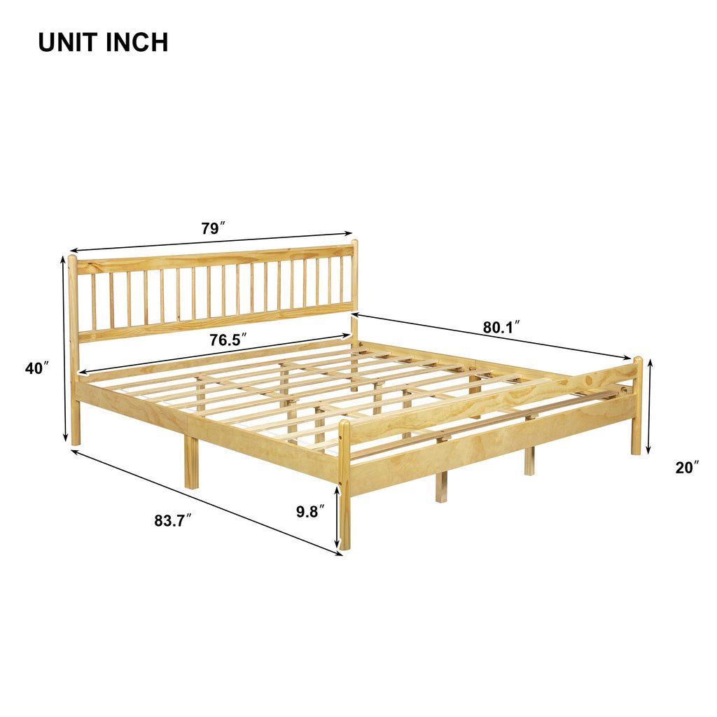 Traditional Style King Size Bed with Headboard and Footboard, Pinewood Bed with Strengthened Bed Frame,Walnut