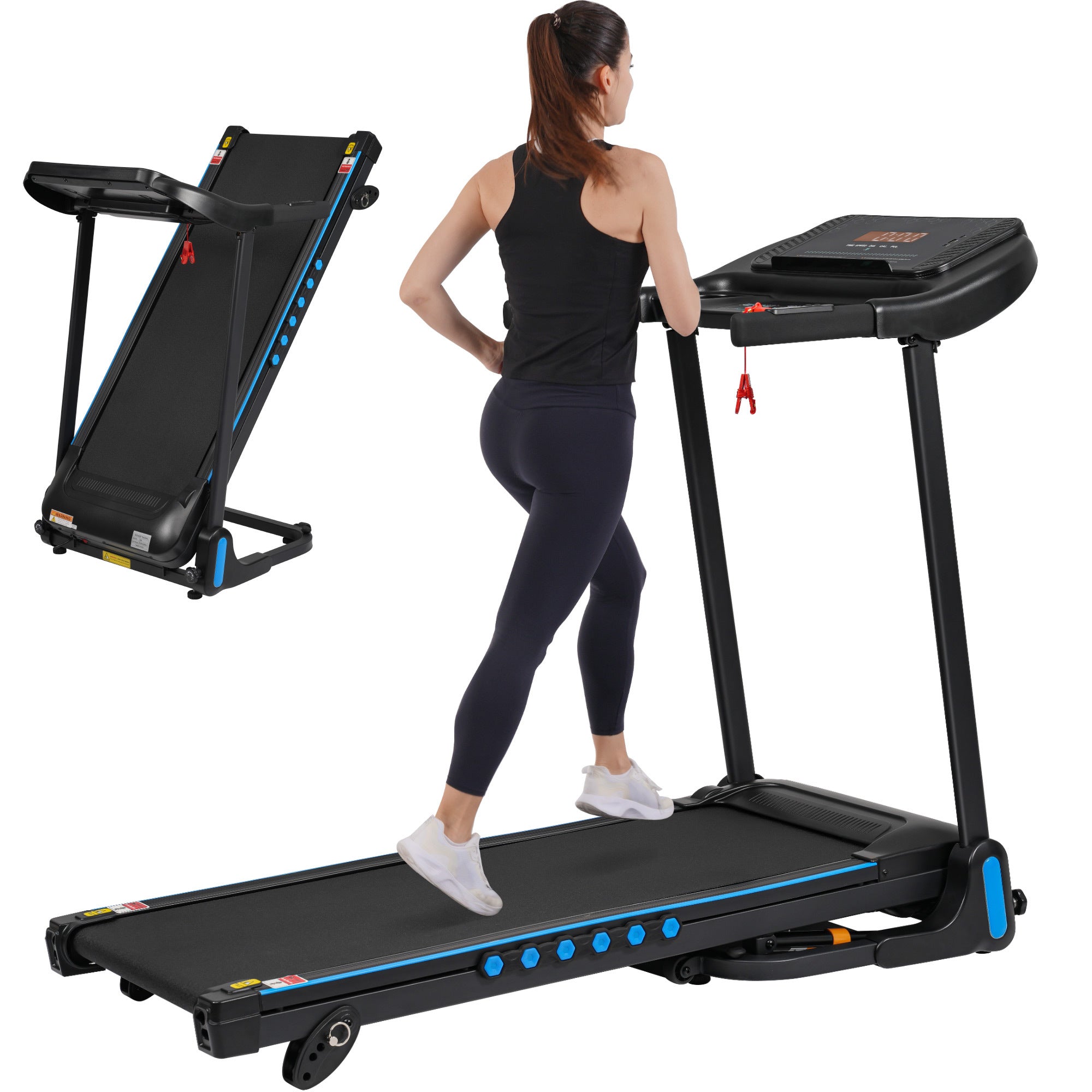 Black folding treadmill angled product view