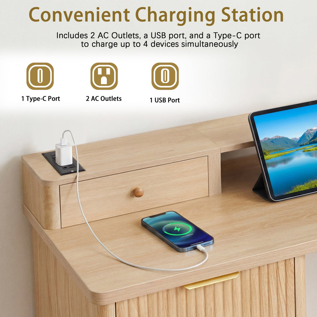 Fluted L-Shaped Desk with Charging Station, Monitor Stand & File Drawer — 59-Inch