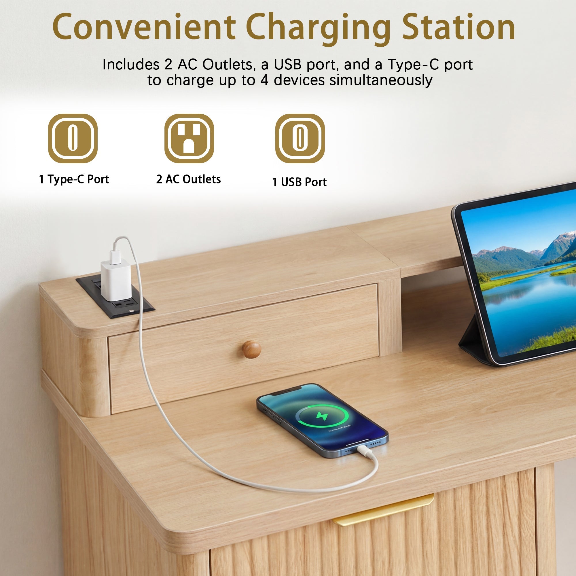 Fluted L-Shaped Desk with Charging Station, Monitor Stand & File Drawer — 59-Inch