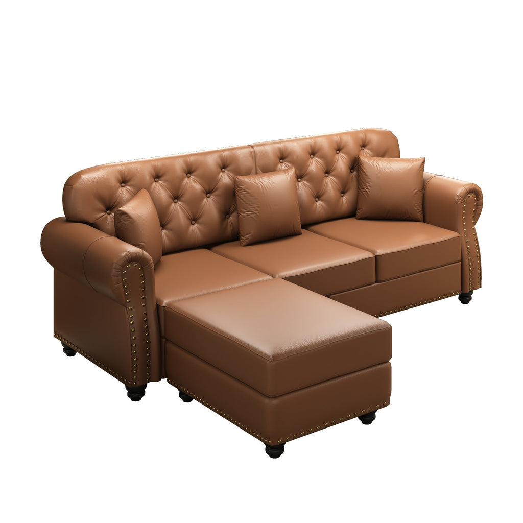 82.6'Upholstered Faux Leather Sofa with Nailhead Trim and Rolled Armrests,Mid-Century Modern Chesterfield Sofa with Button Tufted,Includes 3 Pillows,Black