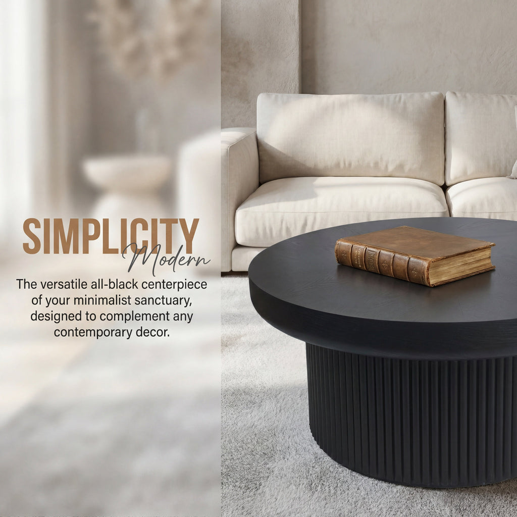 33.5'' Round Fluted Coffee Table with Real Wood Parquet Pattern Top & Cylindrical Base, Thickened Tabletop, Mid-Century Modern Circle Cocktail Table for Living Room, Small Space, Walnut