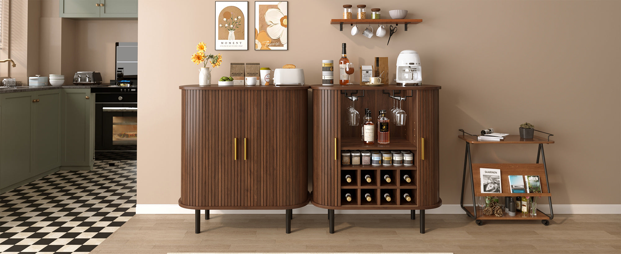 28' Fluted Wine Bar Cabinet with 8-Grid Wine Rack, 5-Level Adjustable Shelves, 2 Glass Holders, Smoothly Sliding Tambour Doors, 4 Hidden Storage Space on the Side, Modern Liquor Coffee Station, Black
