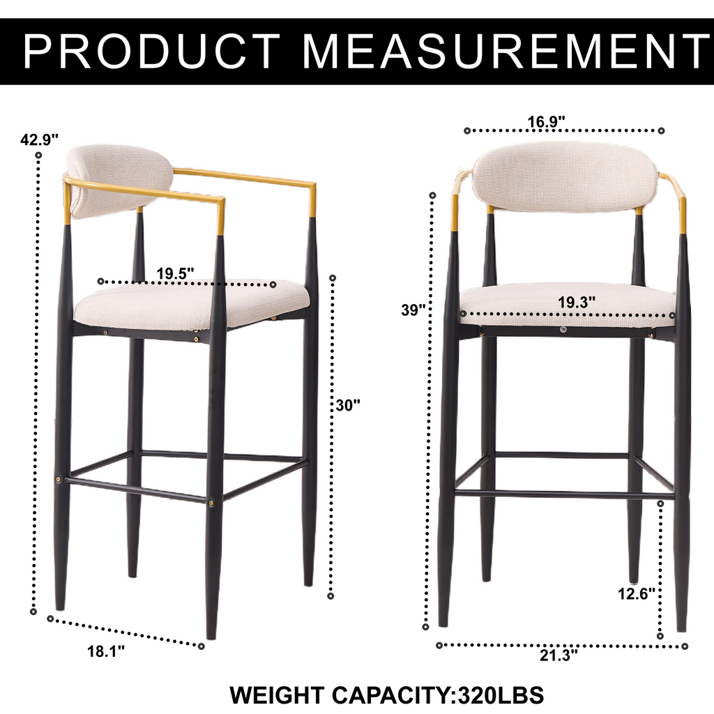 Modern Upholstered Bar Stool with Gold-Accented Armrests - 30' Seat Height,Ergonomic Design for Kitchen Island or Dining Counter Use,Set of 2 - Beige Fabric & Black Metal Frame