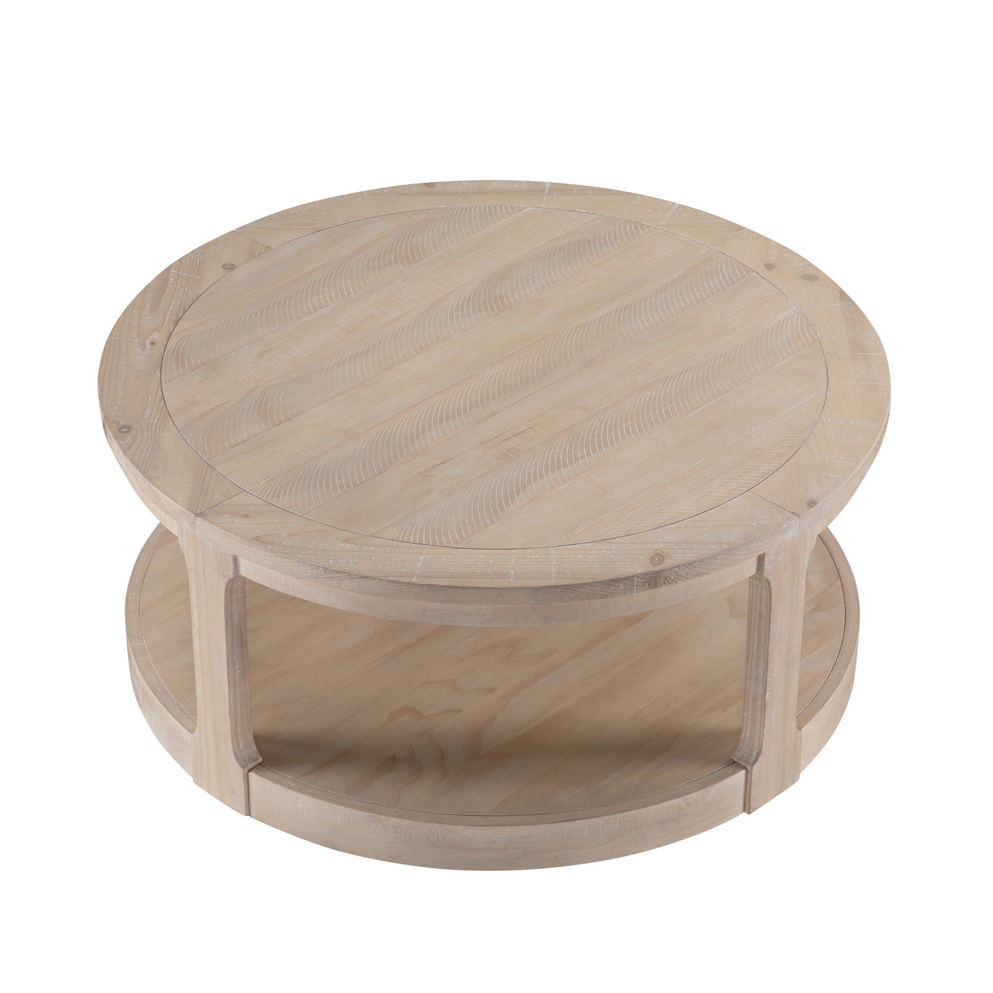 40-Inch Round 2-Tier Coffee Table — Rustic Wooden Center Table with Wheels