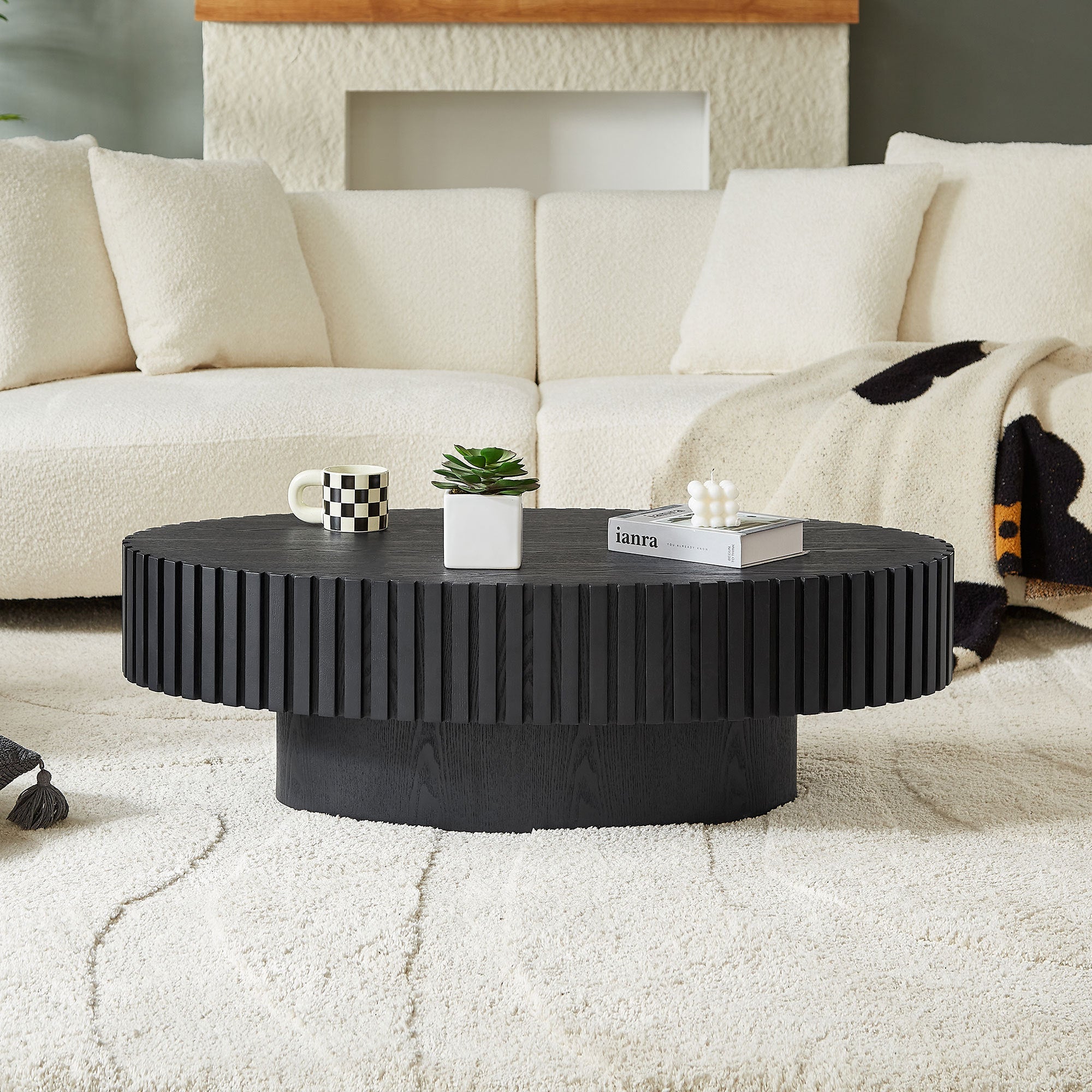 Oval Drum Coffee Table with Pedestal Base — Modern Handcraft Design