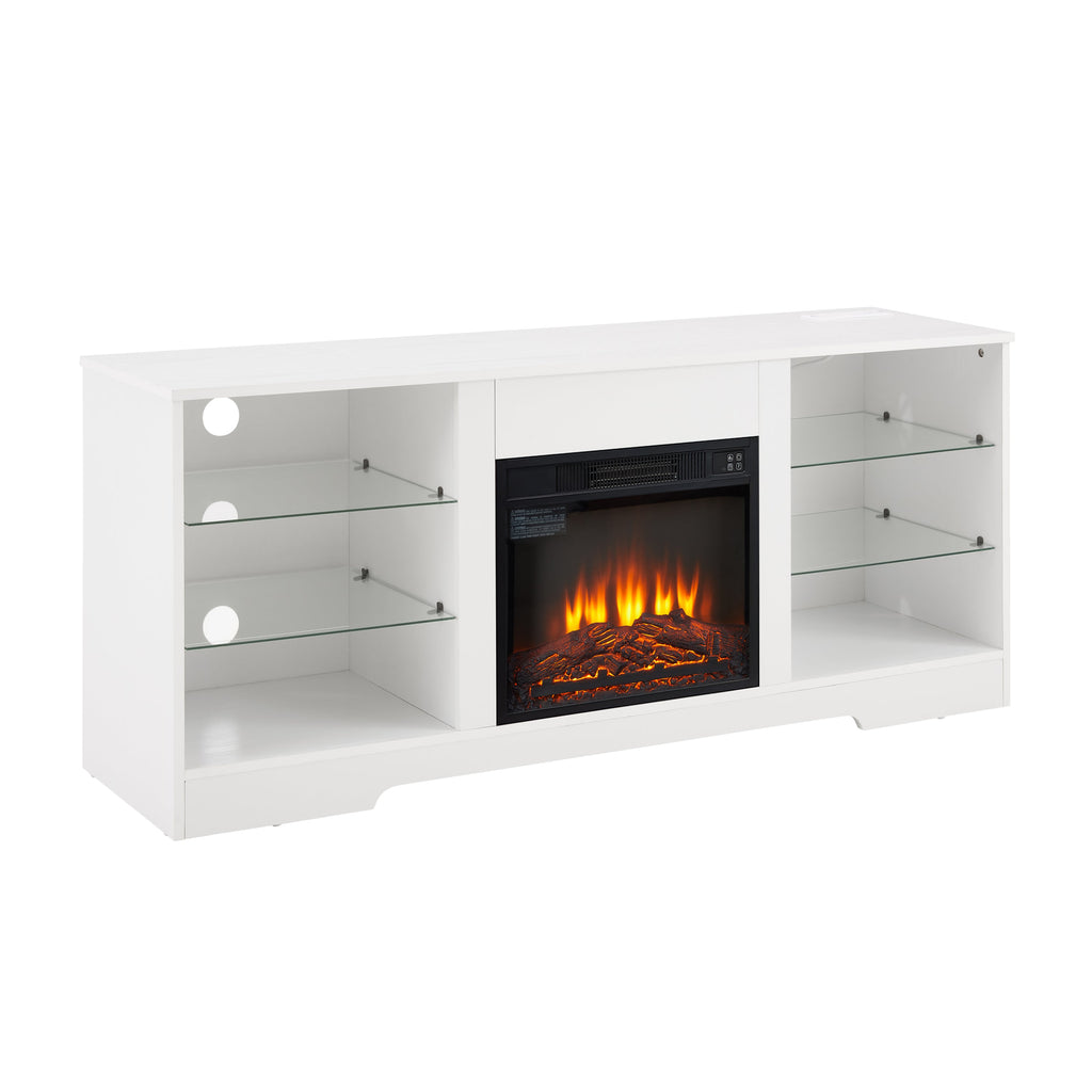 TV Stand with Electric Fireplace — Glass Shelves & USB Outlets for TVs Up to 62"
