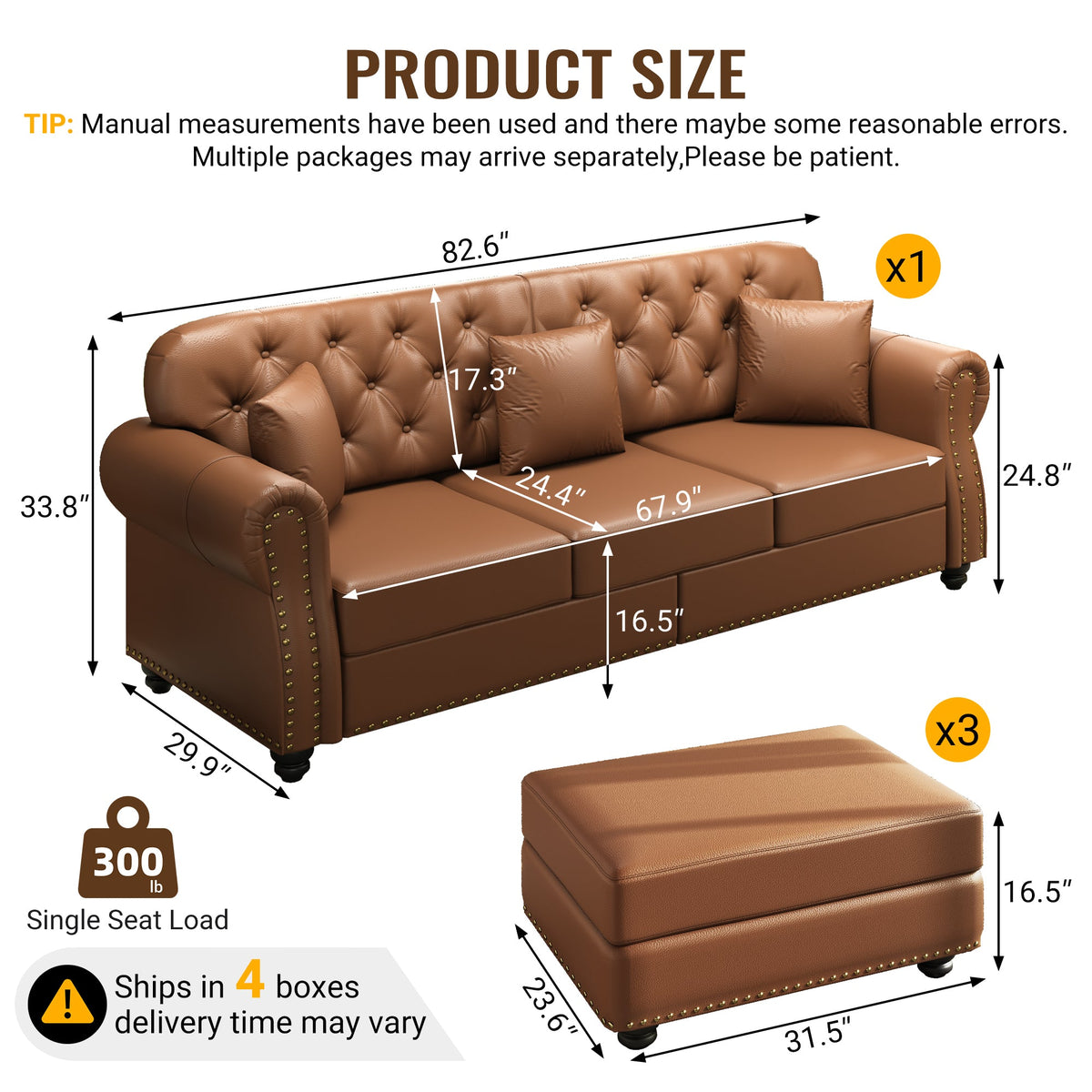 82.6'Upholstered Faux Leather Sofa with Nailhead Trim and Rolled Armrests,Mid-Century Modern Chesterfield Sofa with Button Tufted,Includes 3 Pillows,Black