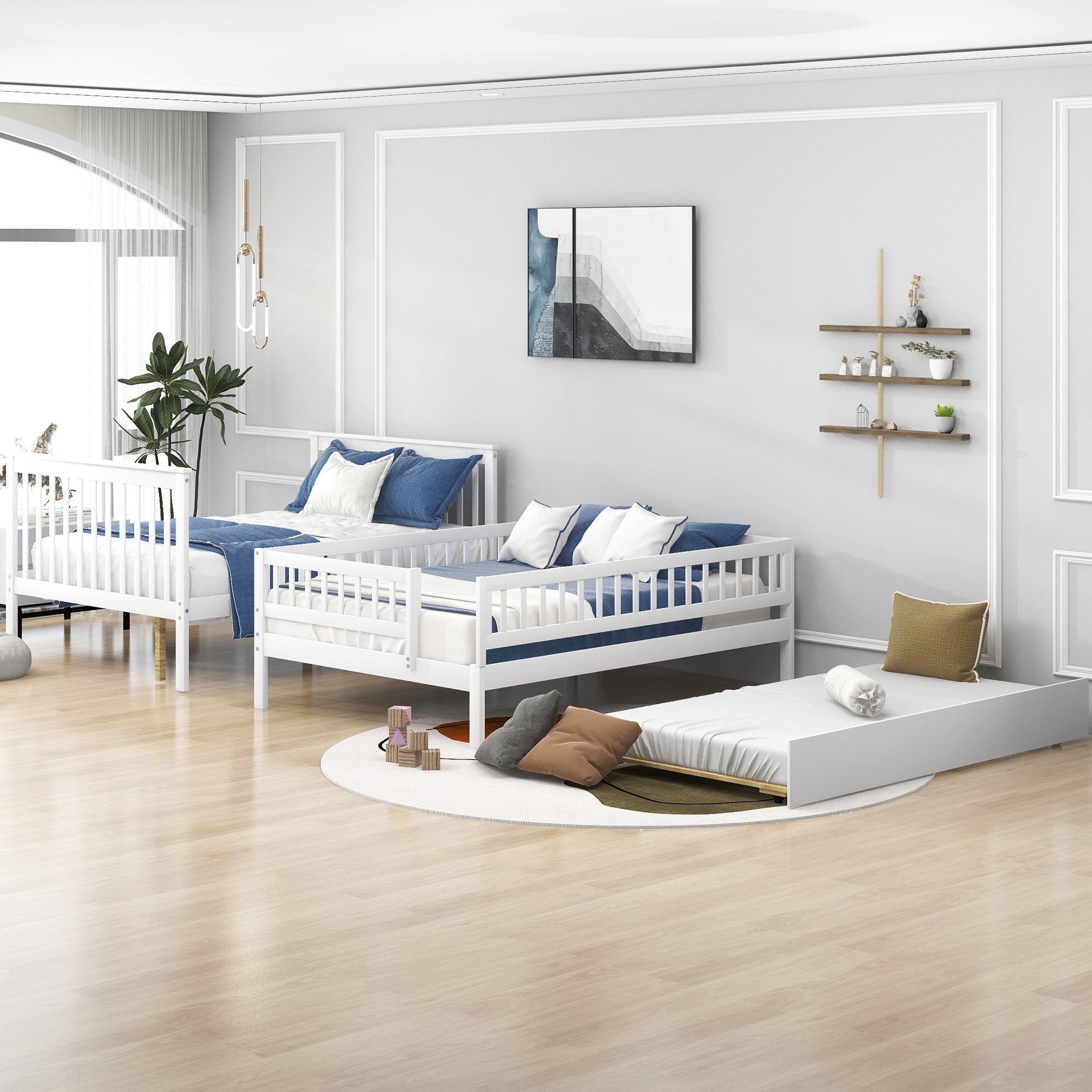 Full over full bunk bed with pull-out trundle — side view