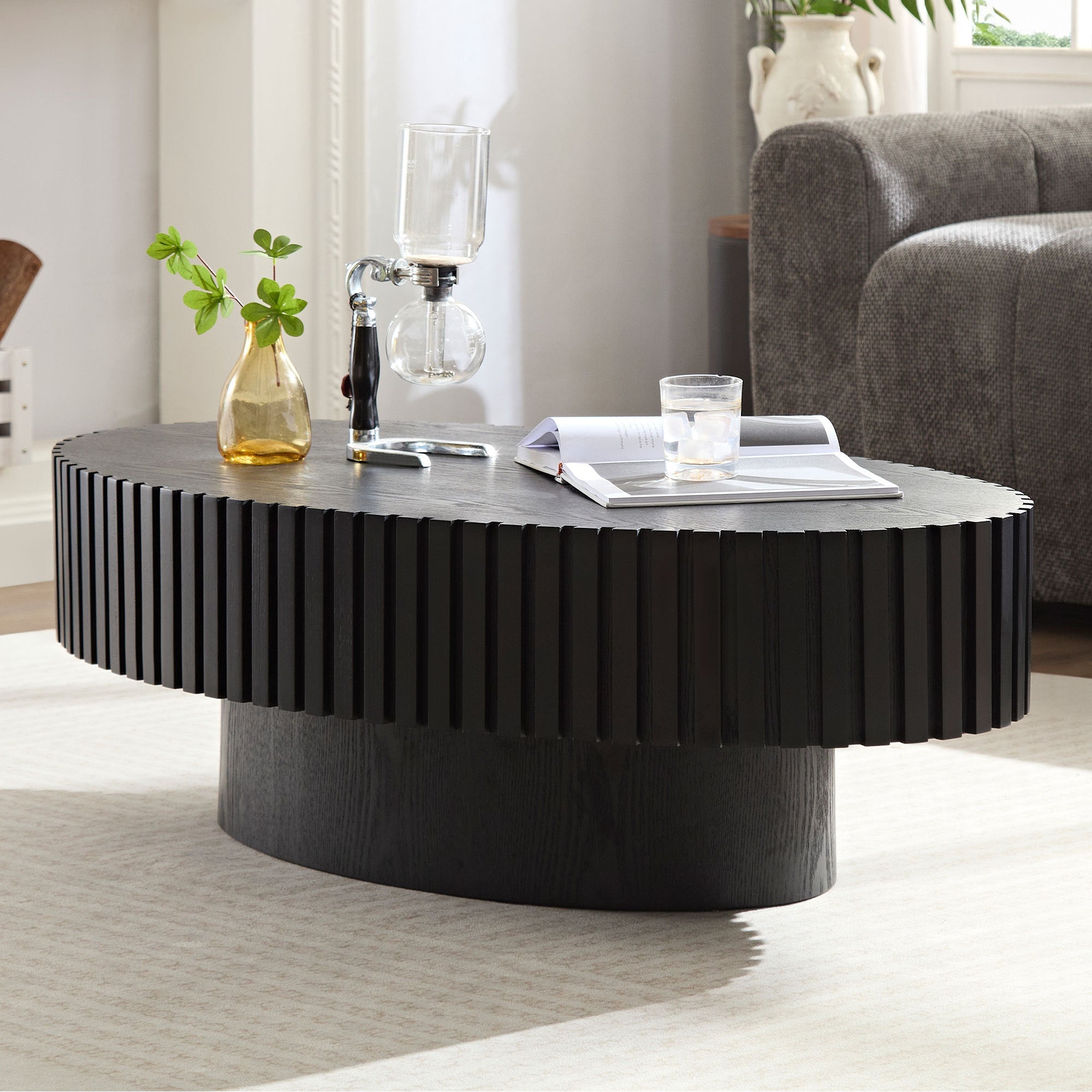 Oval Drum Coffee Table with Pedestal Base — Modern Handcraft Design