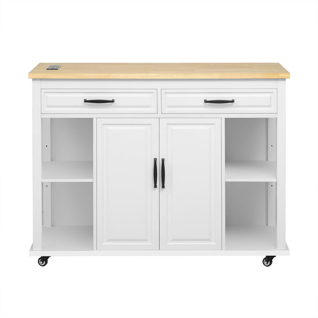 K&K 47 inch Kitchen Island with Extendable Dining Table, Rubber Wood Veneer Kitchen Table with Internal Storage Rack, Power Outlet, Kitchen island with Storage 2 Drawers 2 Cabinet, Black
