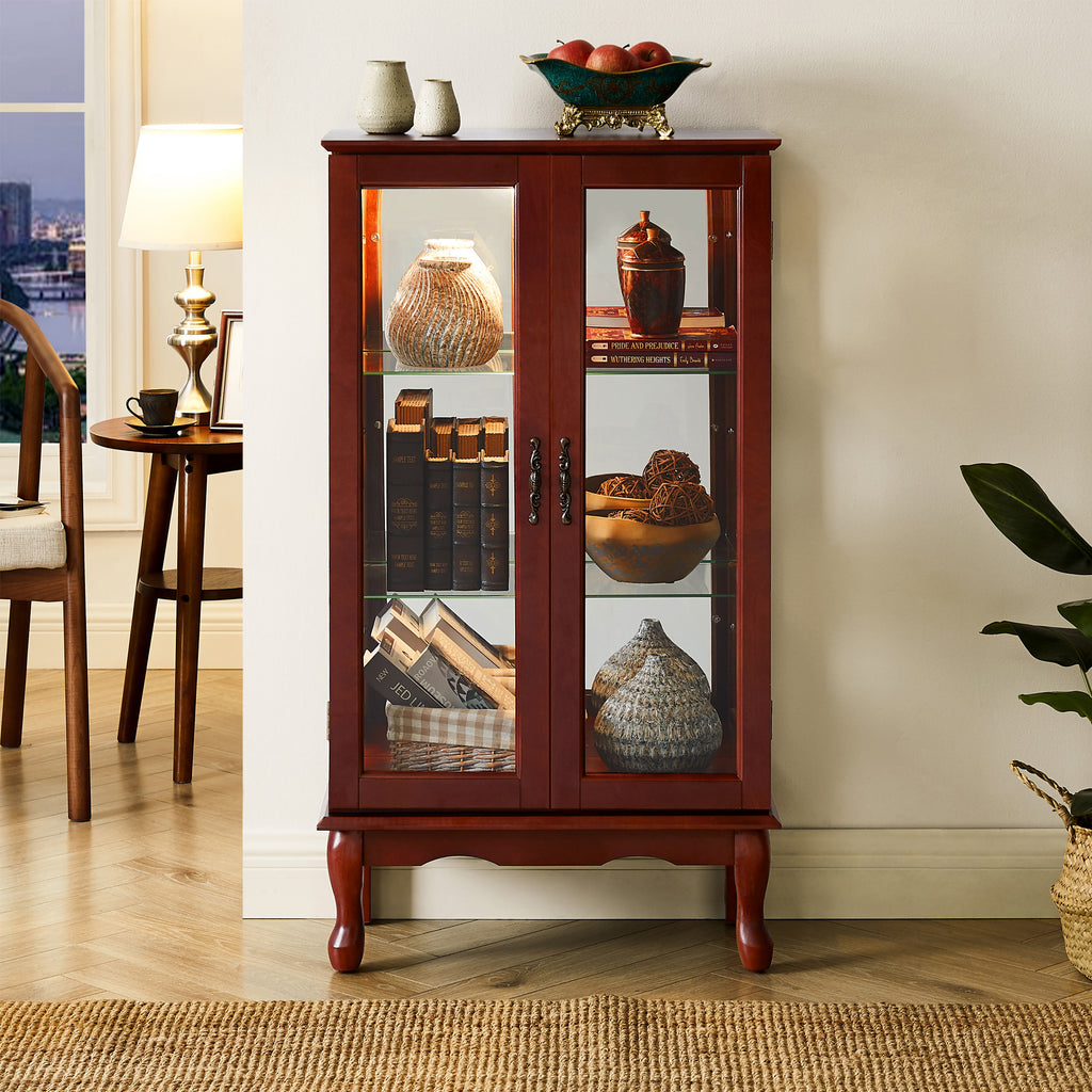 Cherry finish lighted display cabinet collectibles showcase