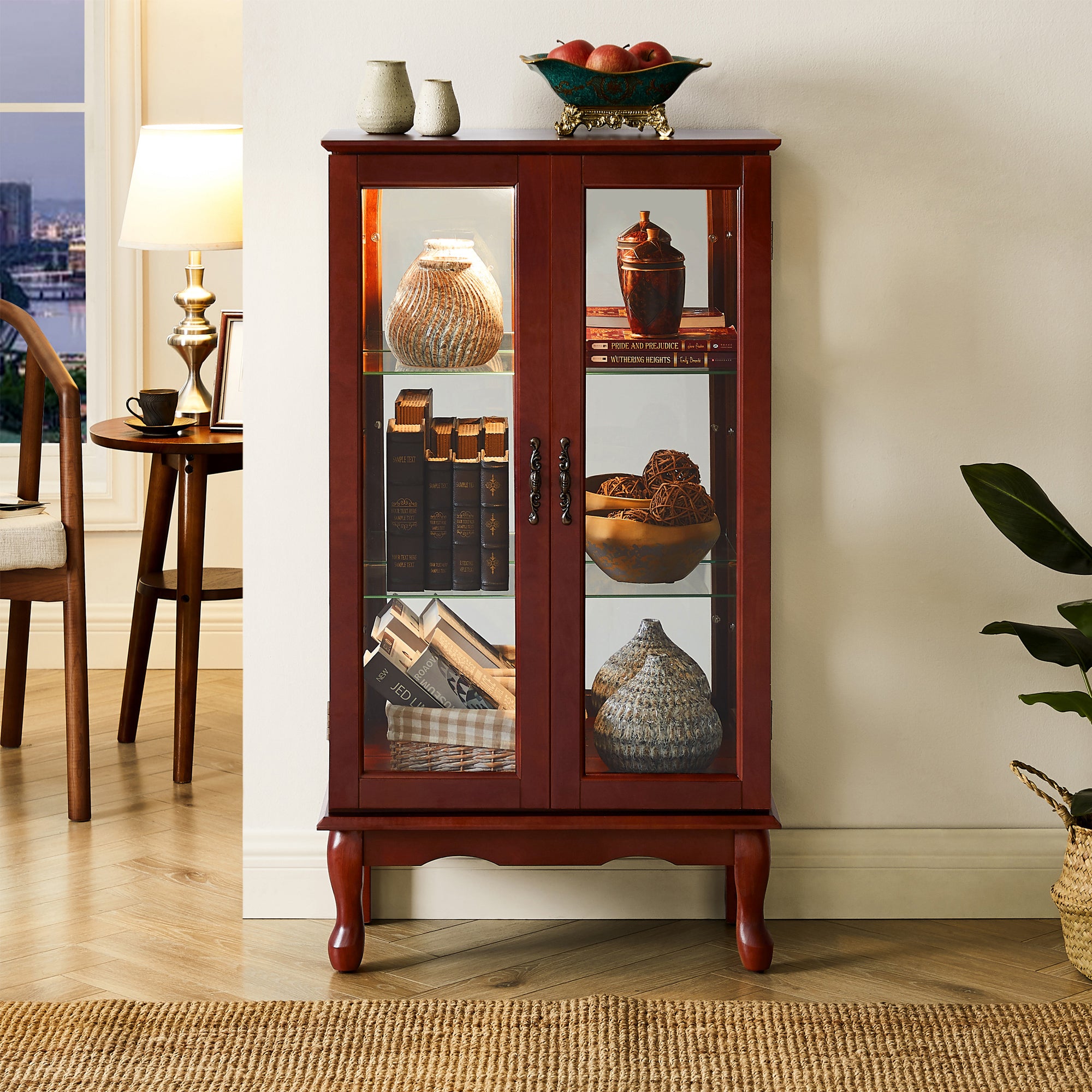 Cherry finish lighted display cabinet collectibles showcase