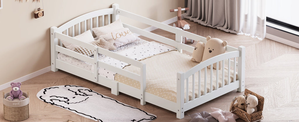 Twin Montessori Floor Bed with Slats and Safety Guardrails, Solid Wood Floor Bed with Fence and Without Door, Easy Assemble Montessori Bed for Girls and Boys, Gray