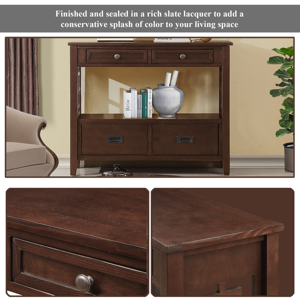Light espresso console table top drawers round handles close-up