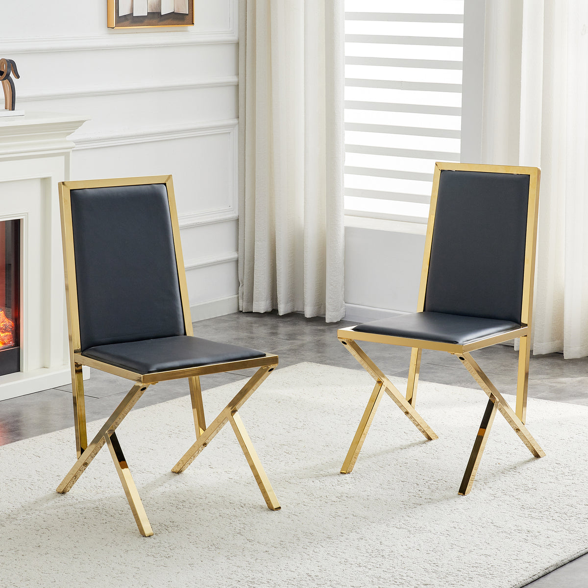 2-pack gold metal framed black PU dining chairs: ergonomic design, a simple and luxurious choice.Featuring uniquely designed gold metal legs.