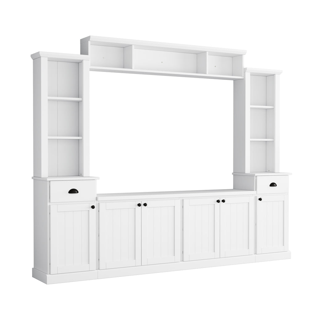 White 103 inch entertainment center wall unit with bridge — front view