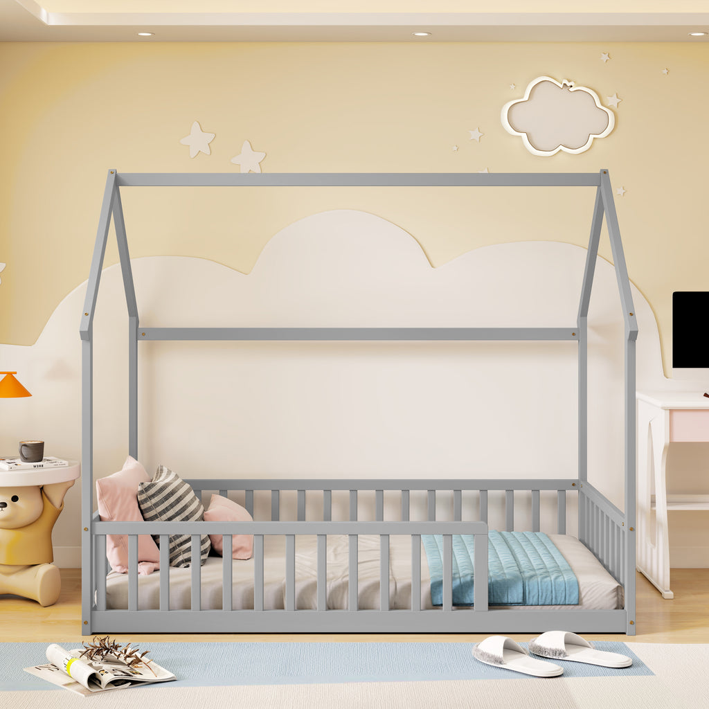 Twin Size House Floor Bed with Roof Frame ,Pine Wood Floor Bed with Safety Guardrails,Grey