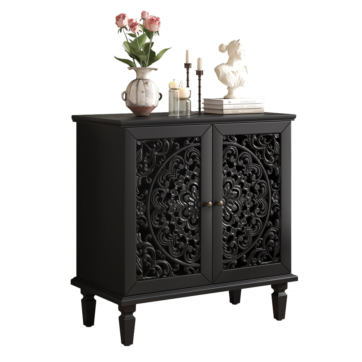 Vintage Hollow-Carved Accent Cabinet, 2-Door Display Storage Sideboard with Symmetrical Floral Design, Adjustable Shelf and Solid Wood Legs for Living Room Entryway(Antique Green)
