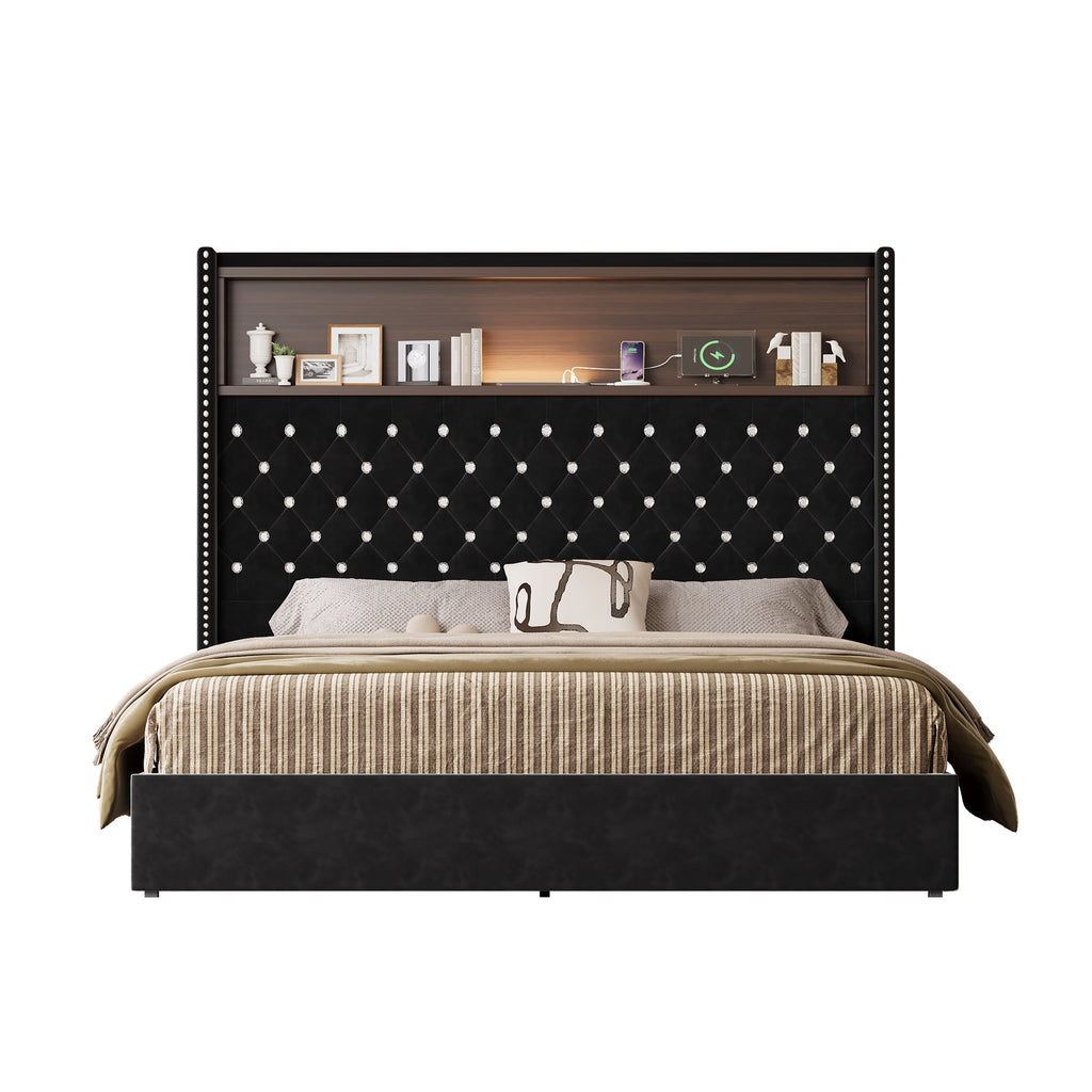 Queen Size Velvet Tufted Soft Bed Frame with USB Port and Night Light,52'' High Headboard with Rivet Decoration, Wing-back Platform Bed with Headboard Shelf, Beige