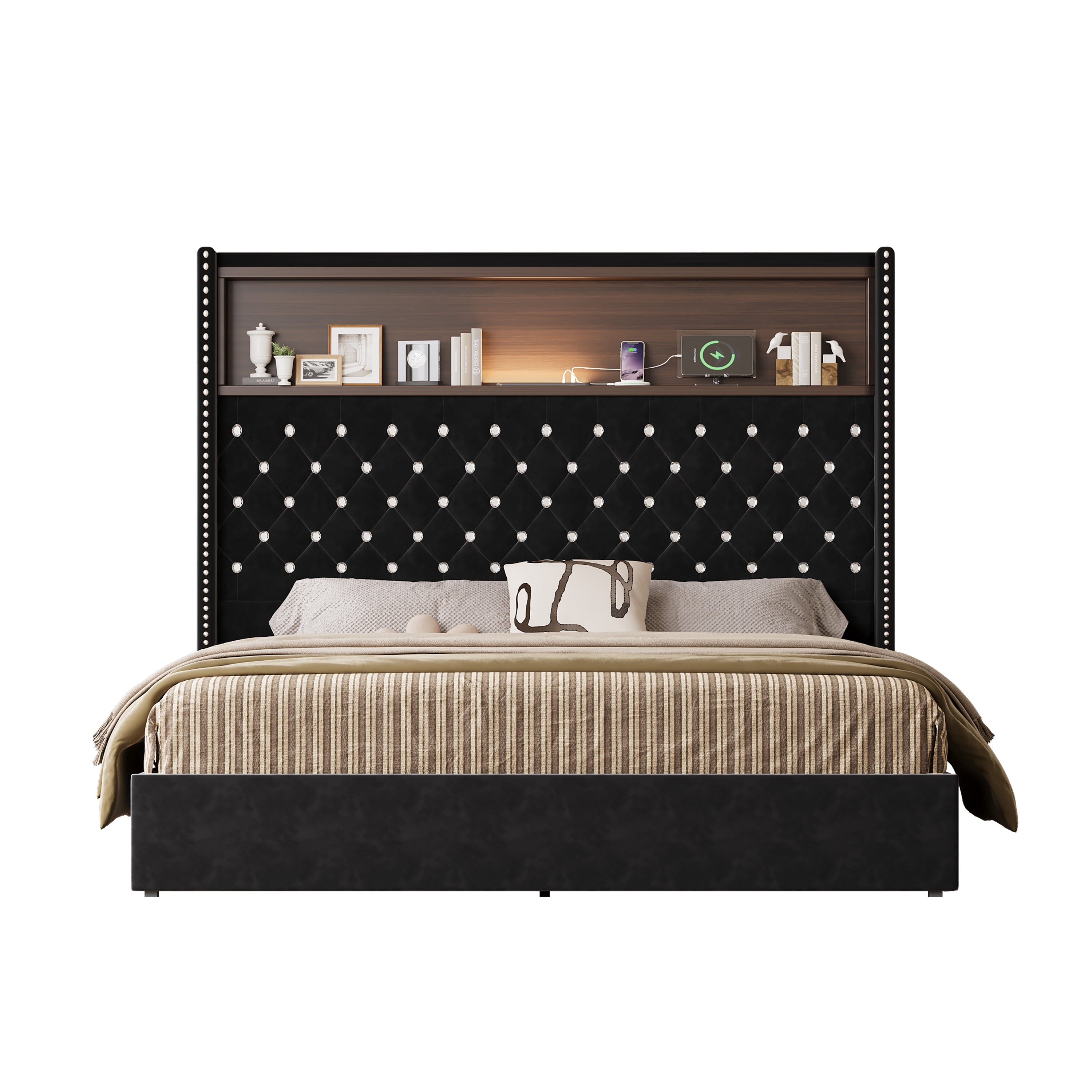 Queen Size Velvet Tufted Soft Bed Frame with USB Port and Night Light,52'' High Headboard with Rivet Decoration, Wing-back Platform Bed with Headboard Shelf, Beige