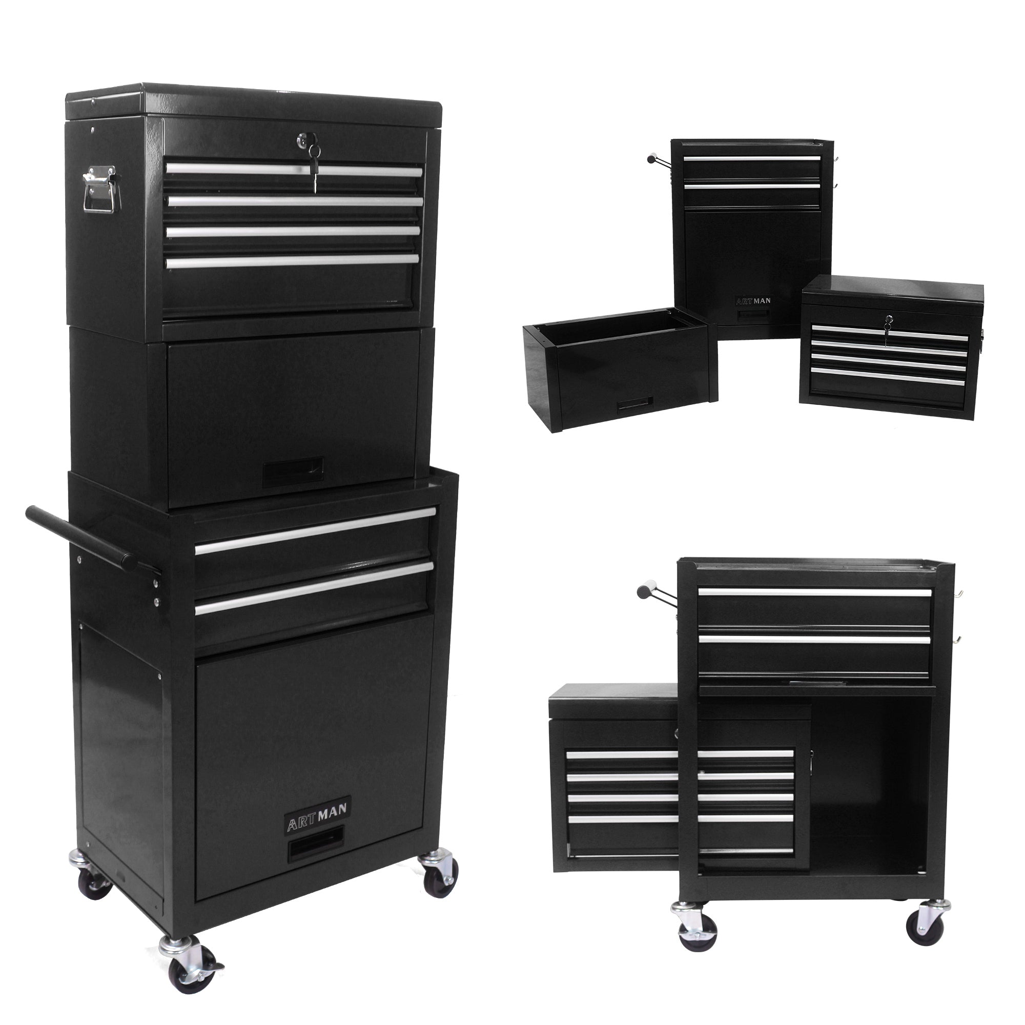 Silver pull tabs on both sides of black tool cabinet
