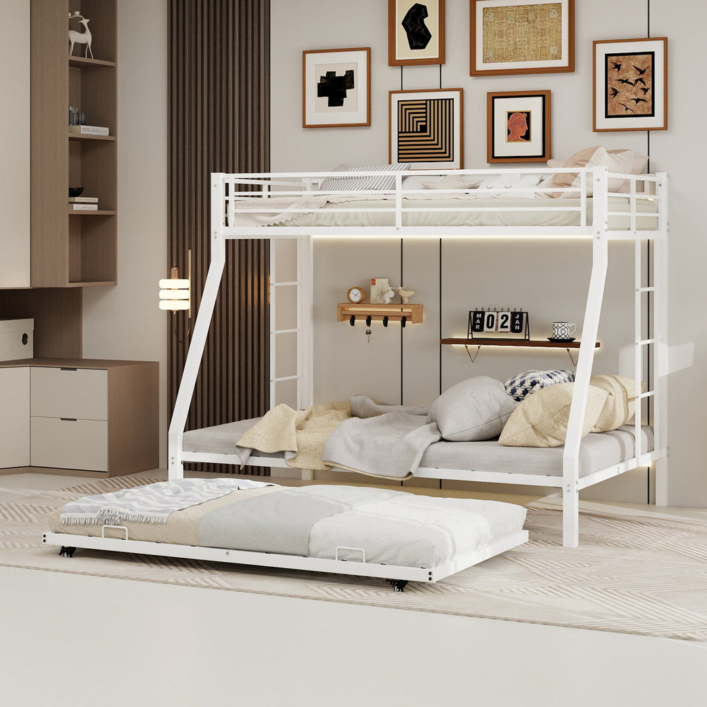Modern Minimalist Square Tube Iron Bunk Bed with Ladder and Rolling Trundle, Full Size 137cm x 190cm, Black