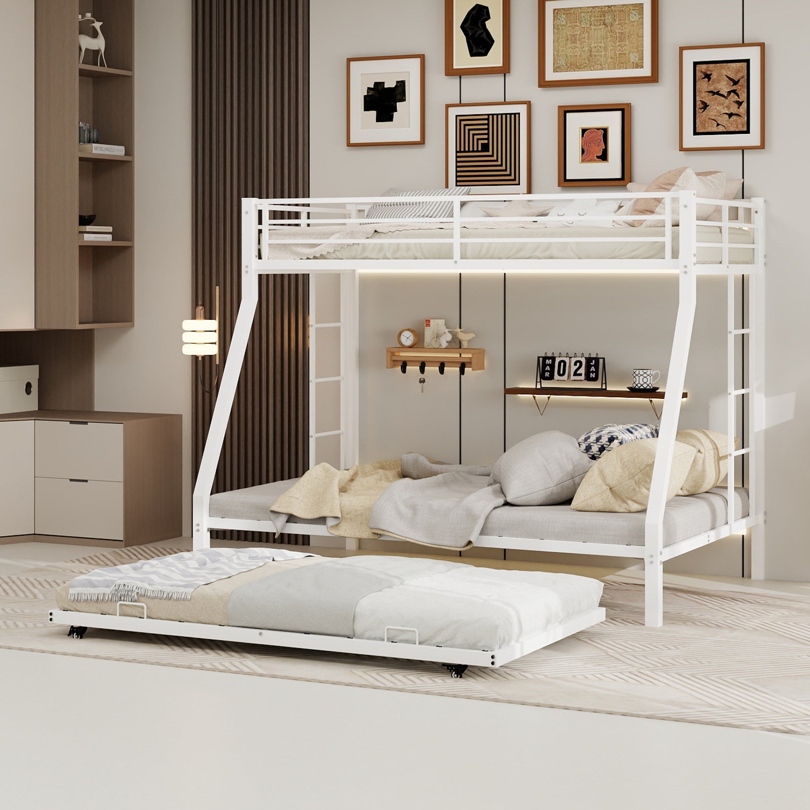 Modern Minimalist Square Tube Iron Bunk Bed with Ladder and Rolling Trundle, Full Size 137cm x 190cm, Black