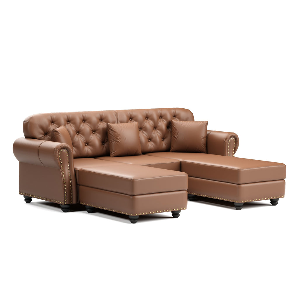 82.6'Upholstered Faux Leather Sofa with Nailhead Trim and Rolled Armrests,Mid-Century Modern Chesterfield Sofa with Button Tufted,Includes 3 Pillows,Black