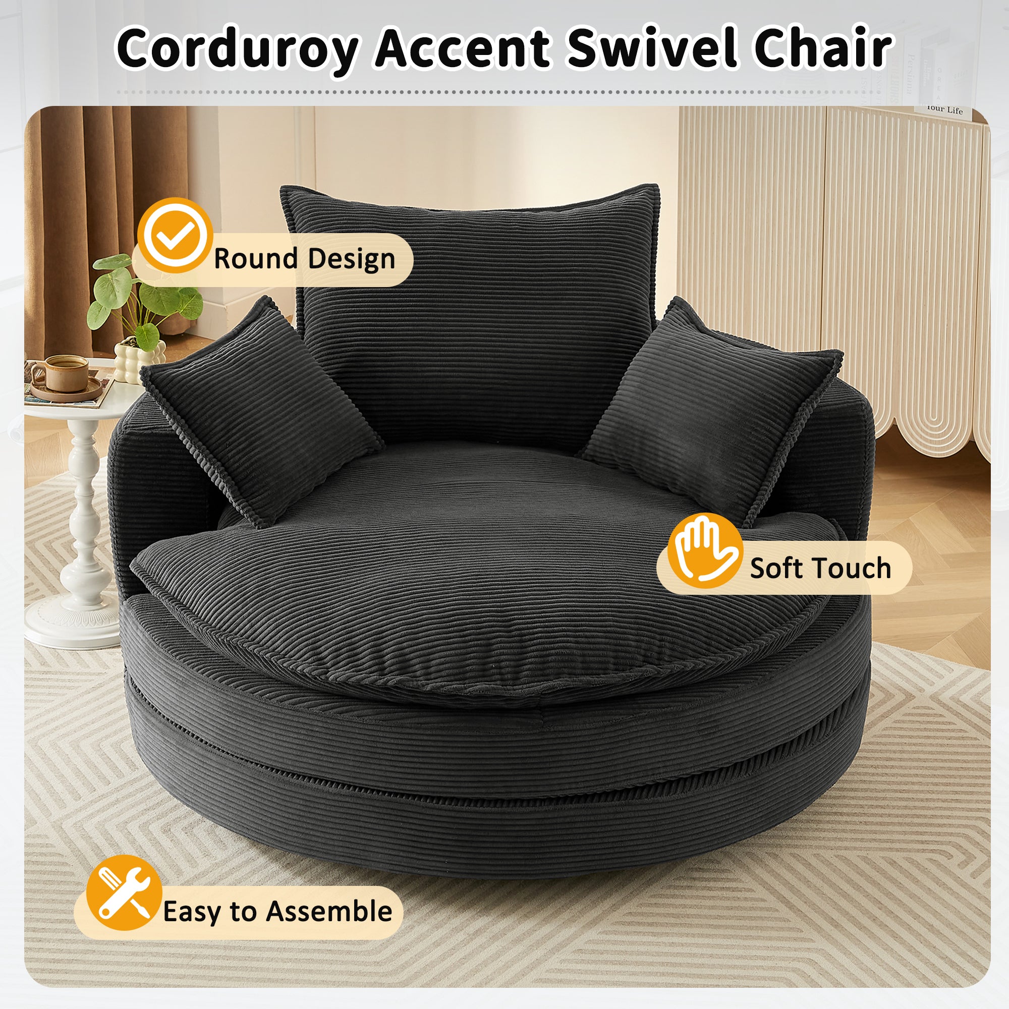 Black corduroy chair with lumbar and back pillows