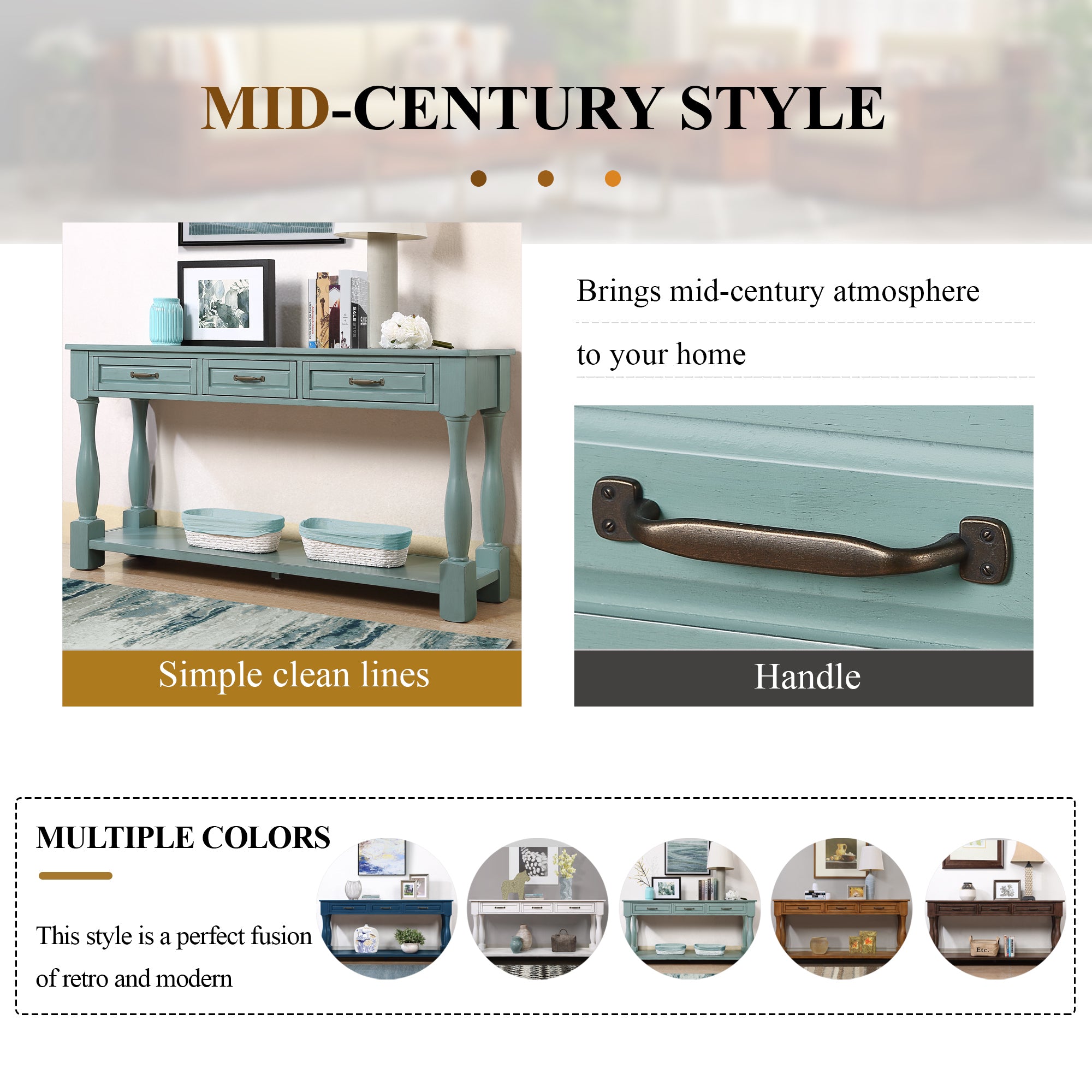 Three drawers and bottom shelf storage detail