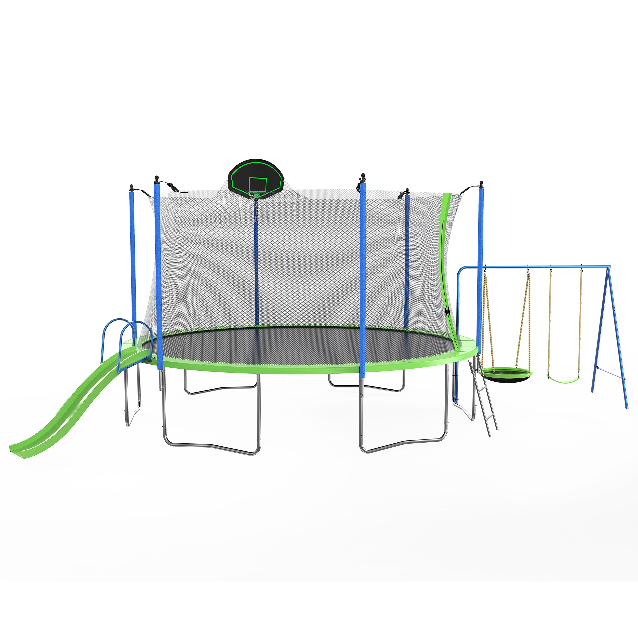14ft outdoor kids trampoline with slide swings and basketball hoop — front view