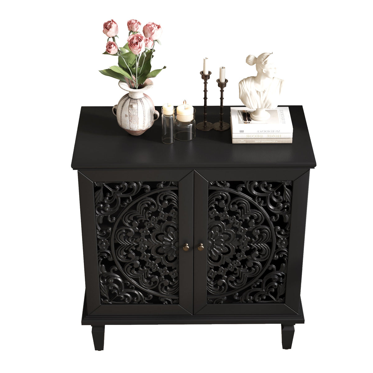Vintage Hollow-Carved Accent Cabinet, 2-Door Display Storage Sideboard with Symmetrical Floral Design, Adjustable Shelf and Solid Wood Legs for Living Room Entryway(Antique Green)