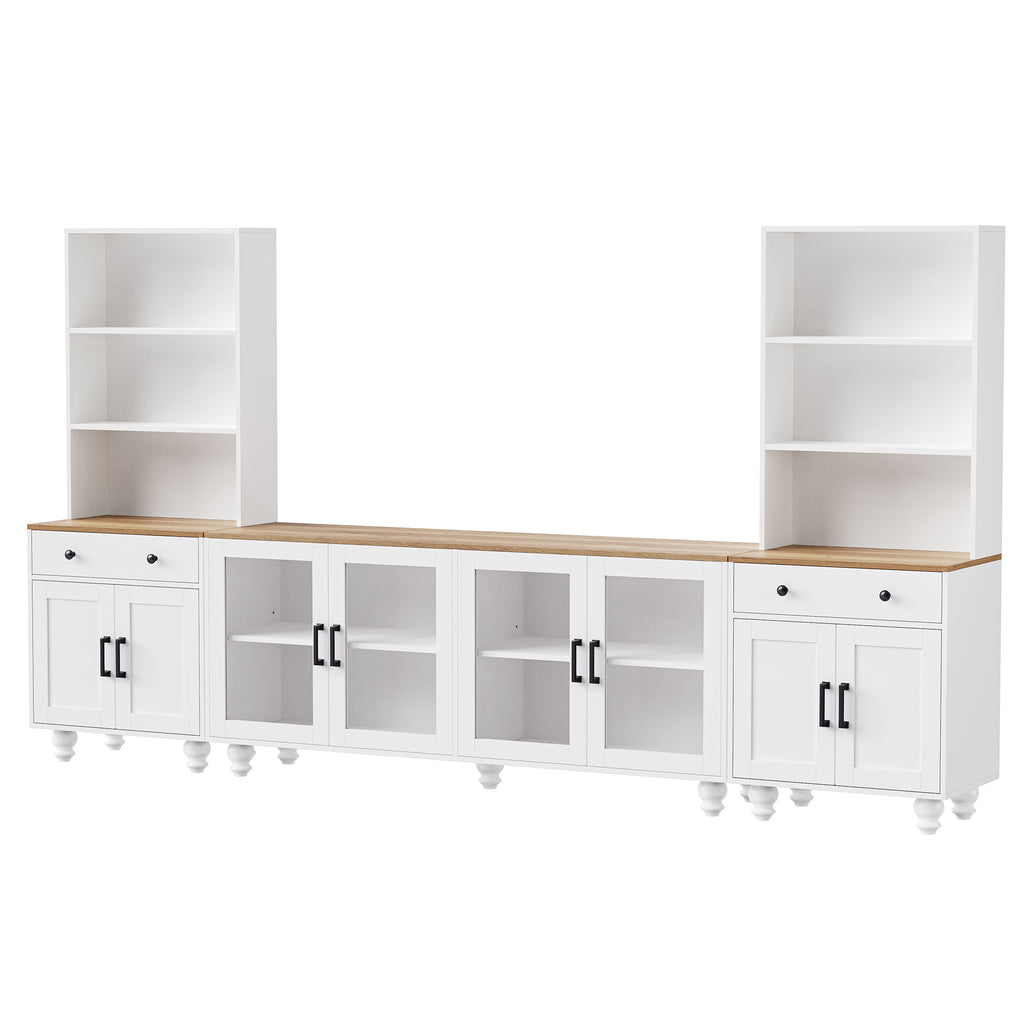 White farmhouse entertainment center with gourd legs — front view