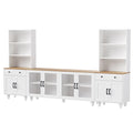 White farmhouse entertainment center with gourd legs — front view