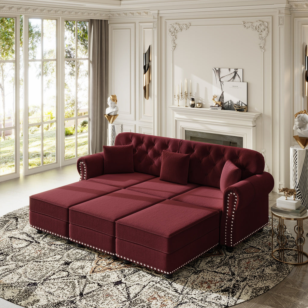 82.6'Upholstered Velvet Sofa with Nailhead Trim and Rolled Armrests,Mid-Century Modern Chesterfield Sofa with Button Tufted,Includes 3 Pillows,Burgundy