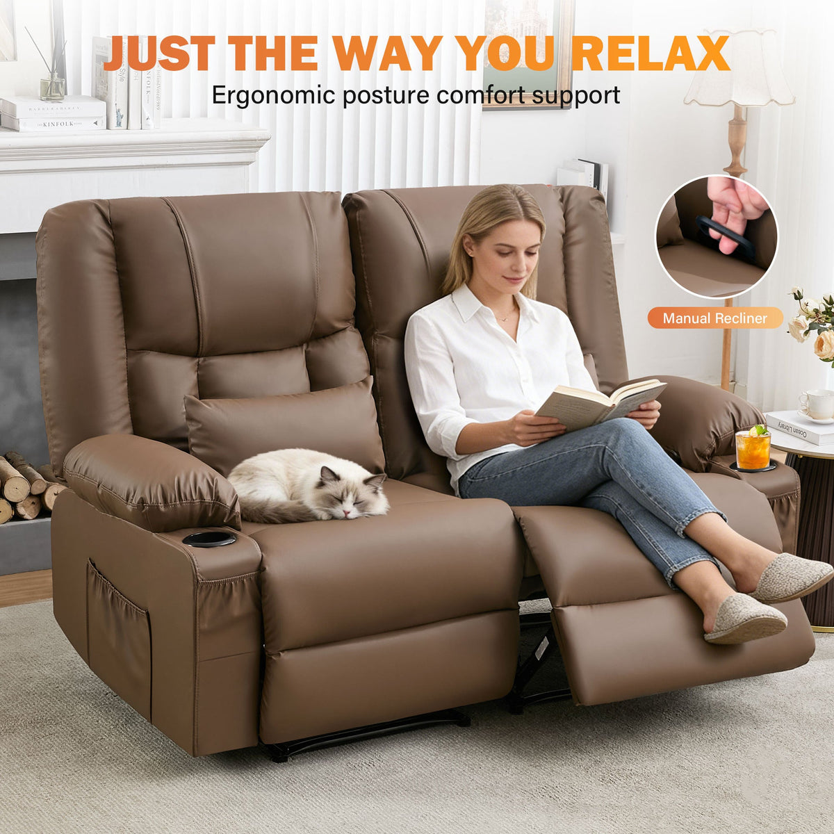 Recliner Loveseat with Massage and Heating for Living Room,Love Seat Manual Oversized Recliner with Cup Holders,Side Pocket for Adult,BLACK