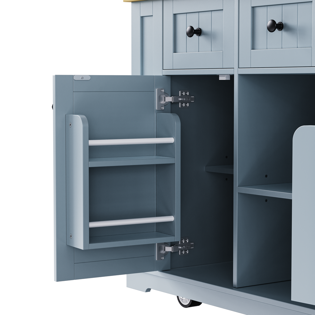 K&K 53inch Large Kitchen Island with Drop Leaf,Power Outlet,Door Internal Storage Rack,Rolling Kitchen Cart on 5 Wheels with 5 Open Side Racks for Kitchen,Black(Two Packages)(Stools not included)
