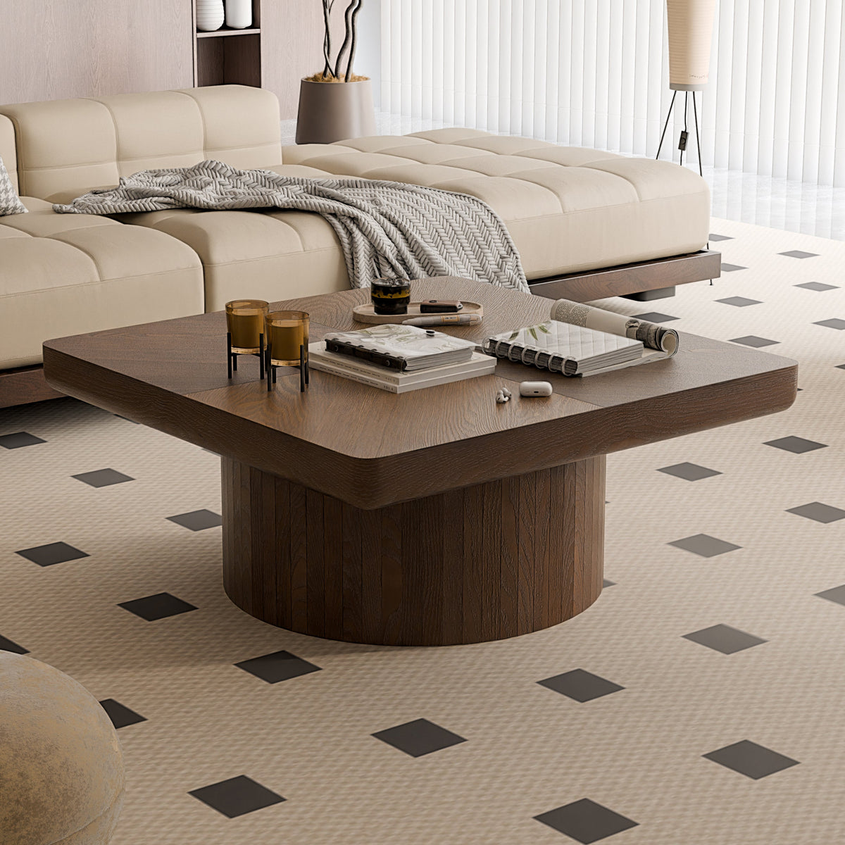 34.6'' Square Coffee Table for Living Room, Modern Wood Veneer Top with Parquet Pattern & Cylindrical Base, Thickened Tabletop, Easy Assembly, Natural Wood