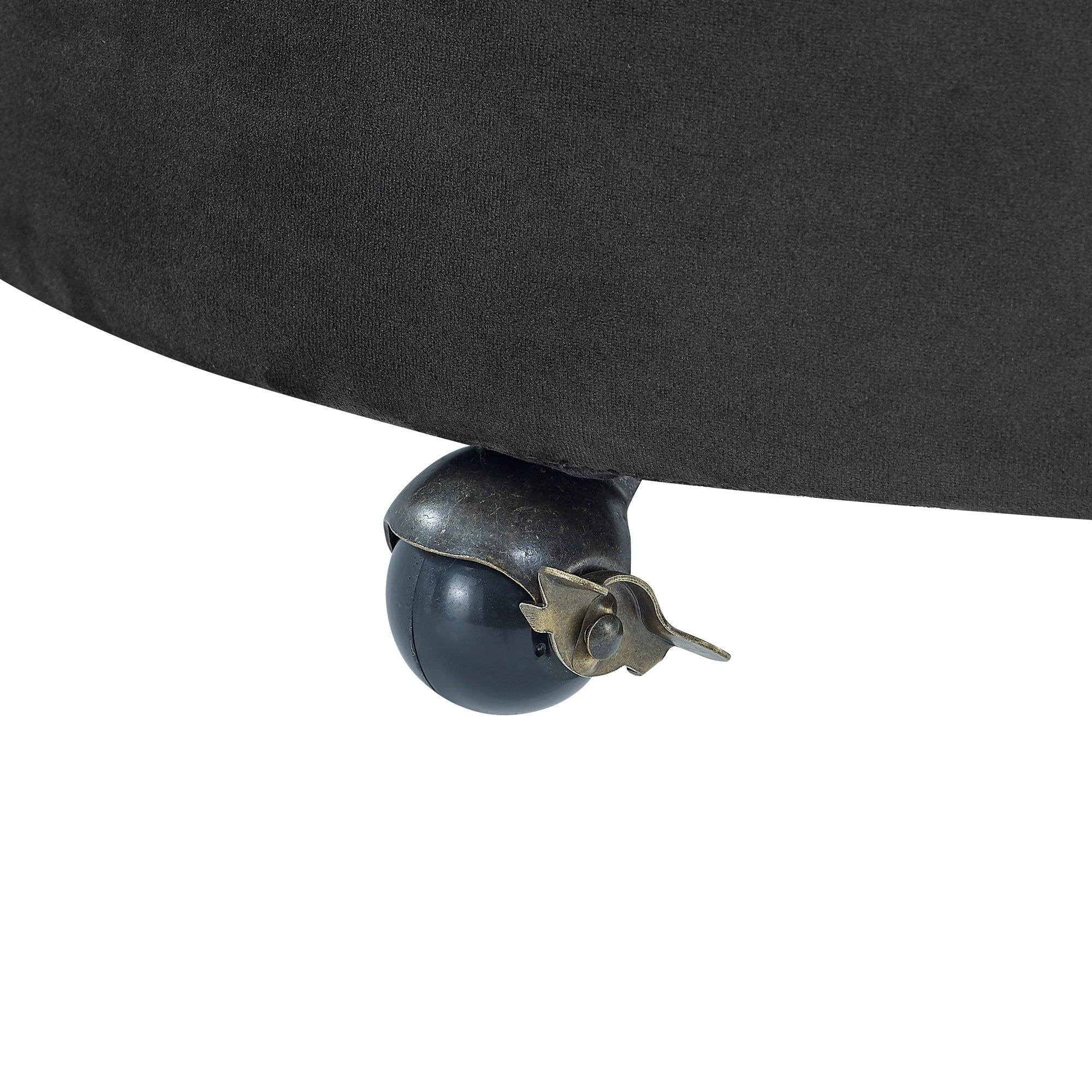 Black velvet swivel accent chair side profile with wheels